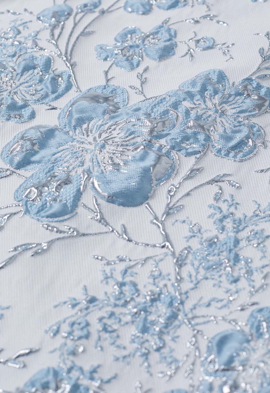 Charming Blue Floral Embossed Jacquard Midi Skirt