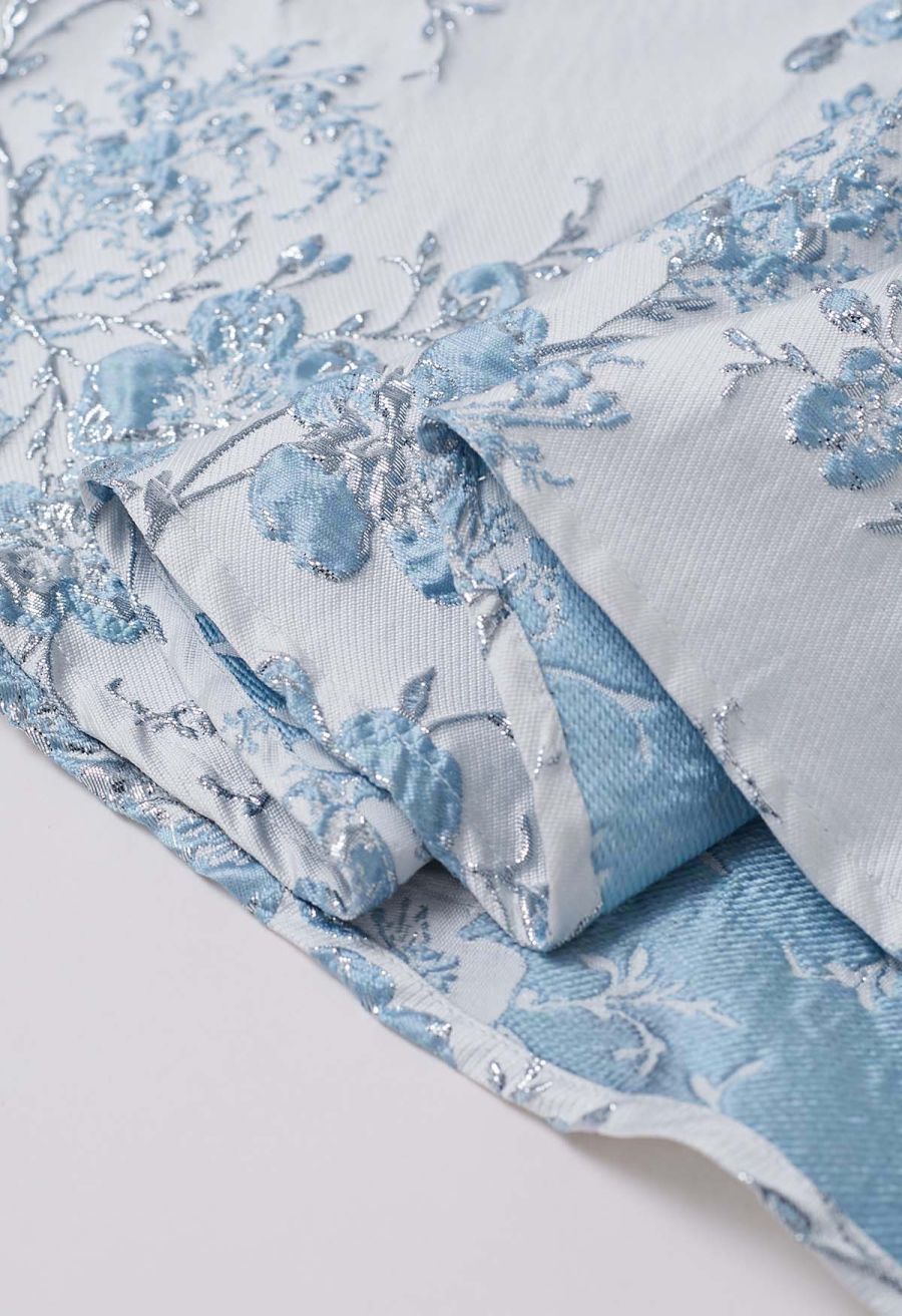 Charming Blue Floral Embossed Jacquard Midi Skirt