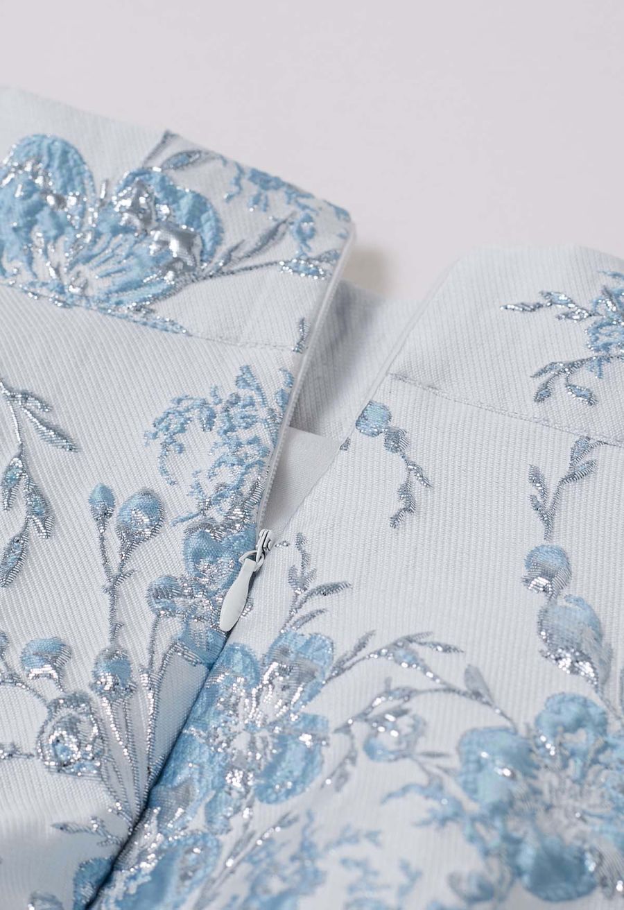 Charming Blue Floral Embossed Jacquard Midi Skirt