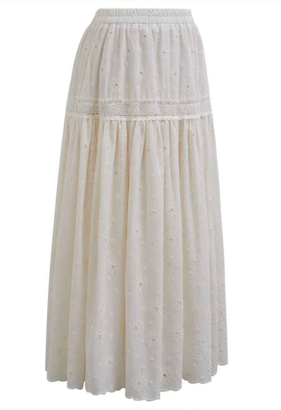 Daisy Era Embroidery Cotton Maxi Skirt in Cream