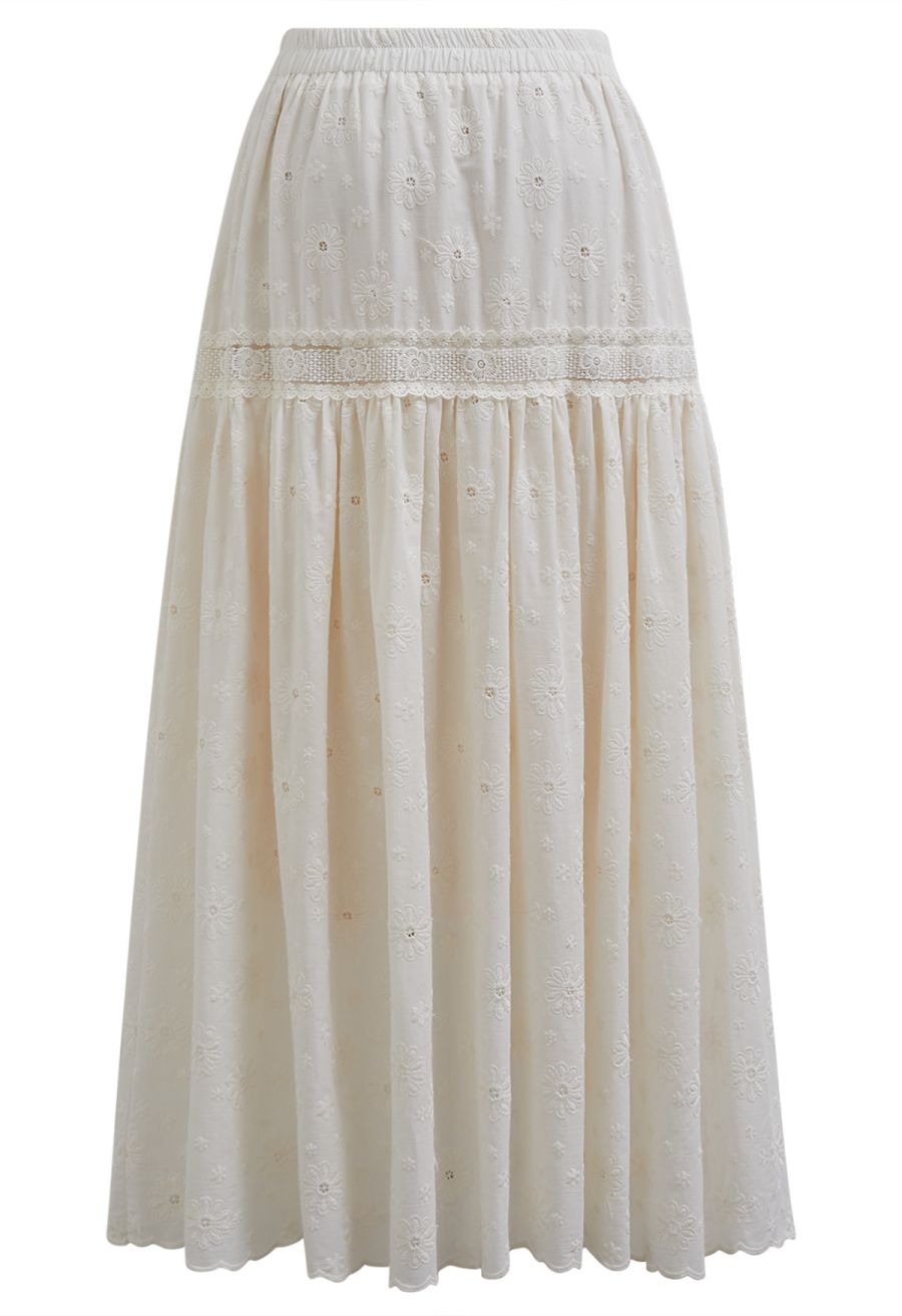 Daisy Era Embroidery Cotton Maxi Skirt in Cream