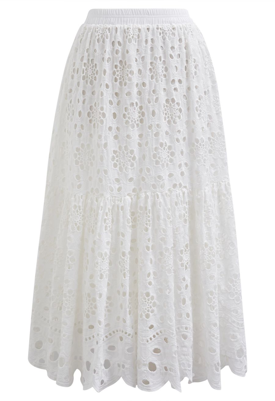 Full Embroidery Eyelet Cotton Maxi Skirt in White