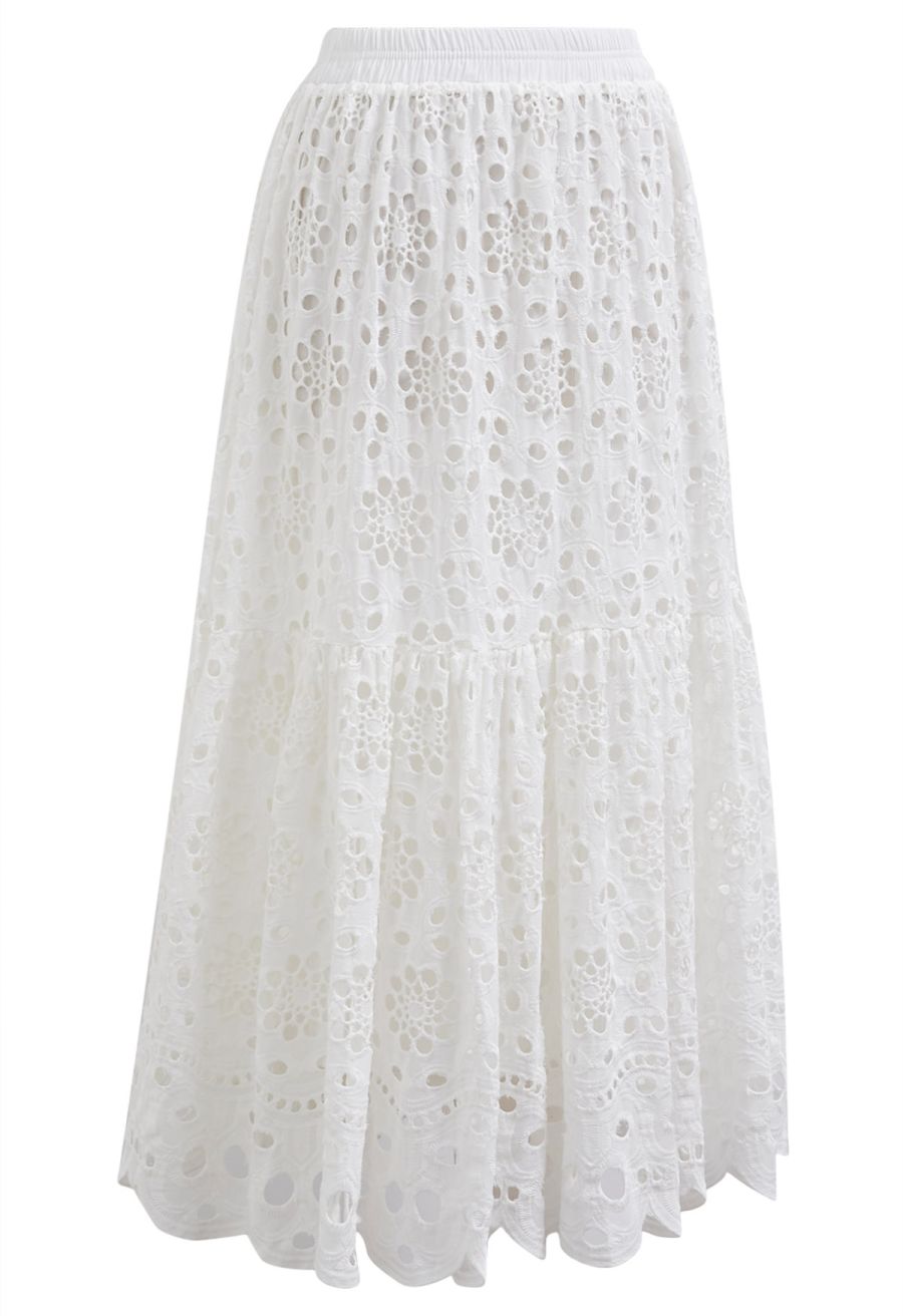 Full Embroidery Eyelet Cotton Maxi Skirt in White