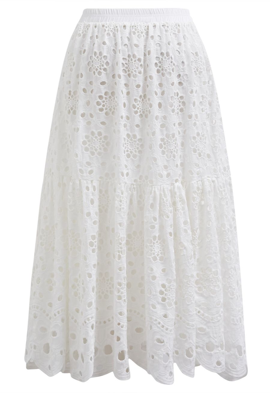 Full Embroidery Eyelet Cotton Maxi Skirt in White