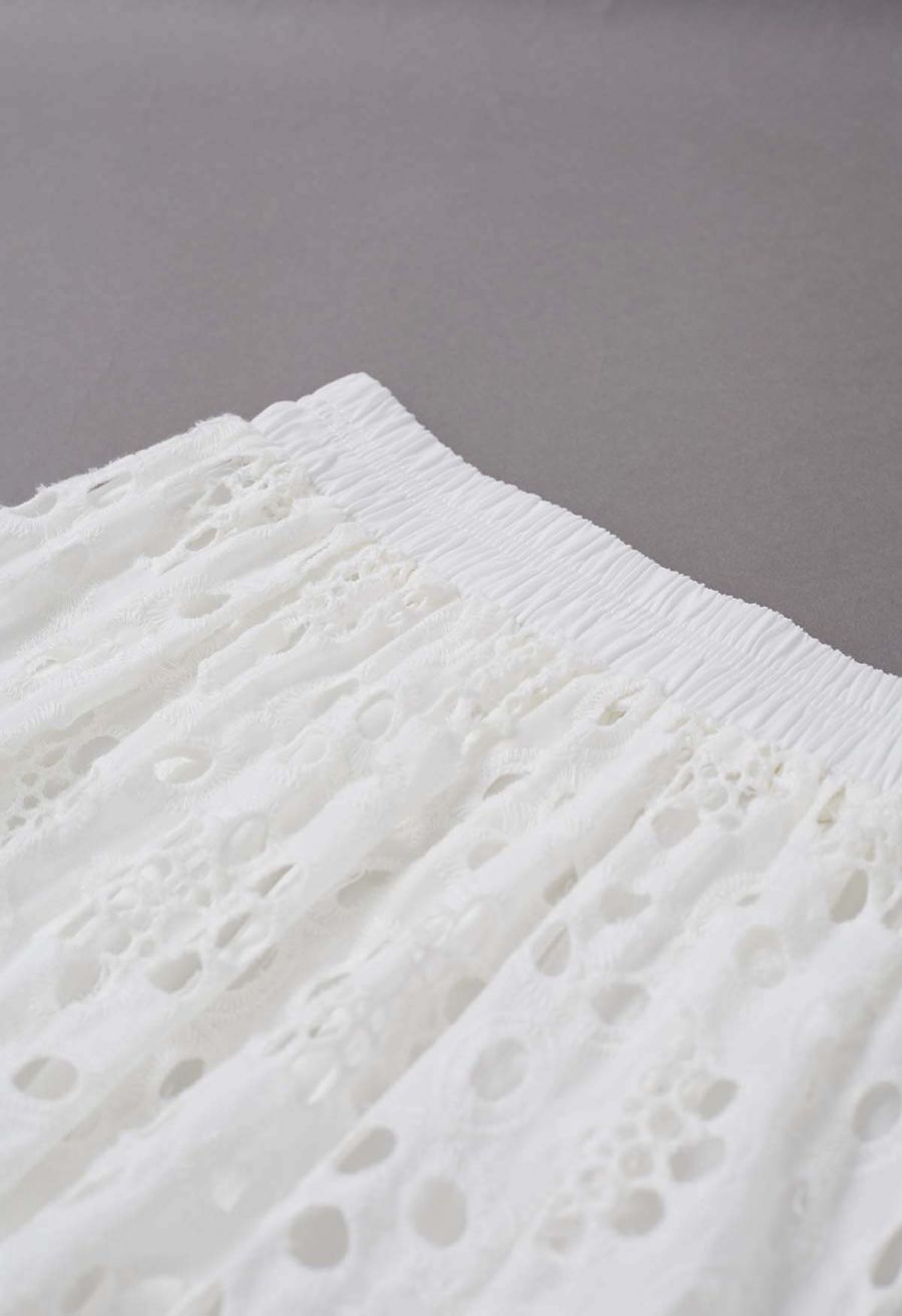Full Embroidery Eyelet Cotton Maxi Skirt in White