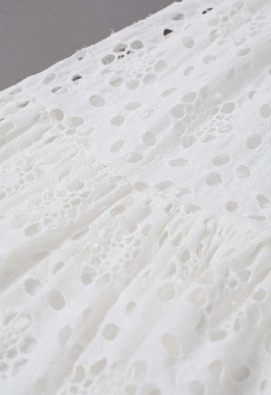 Full Embroidery Eyelet Cotton Maxi Skirt in White