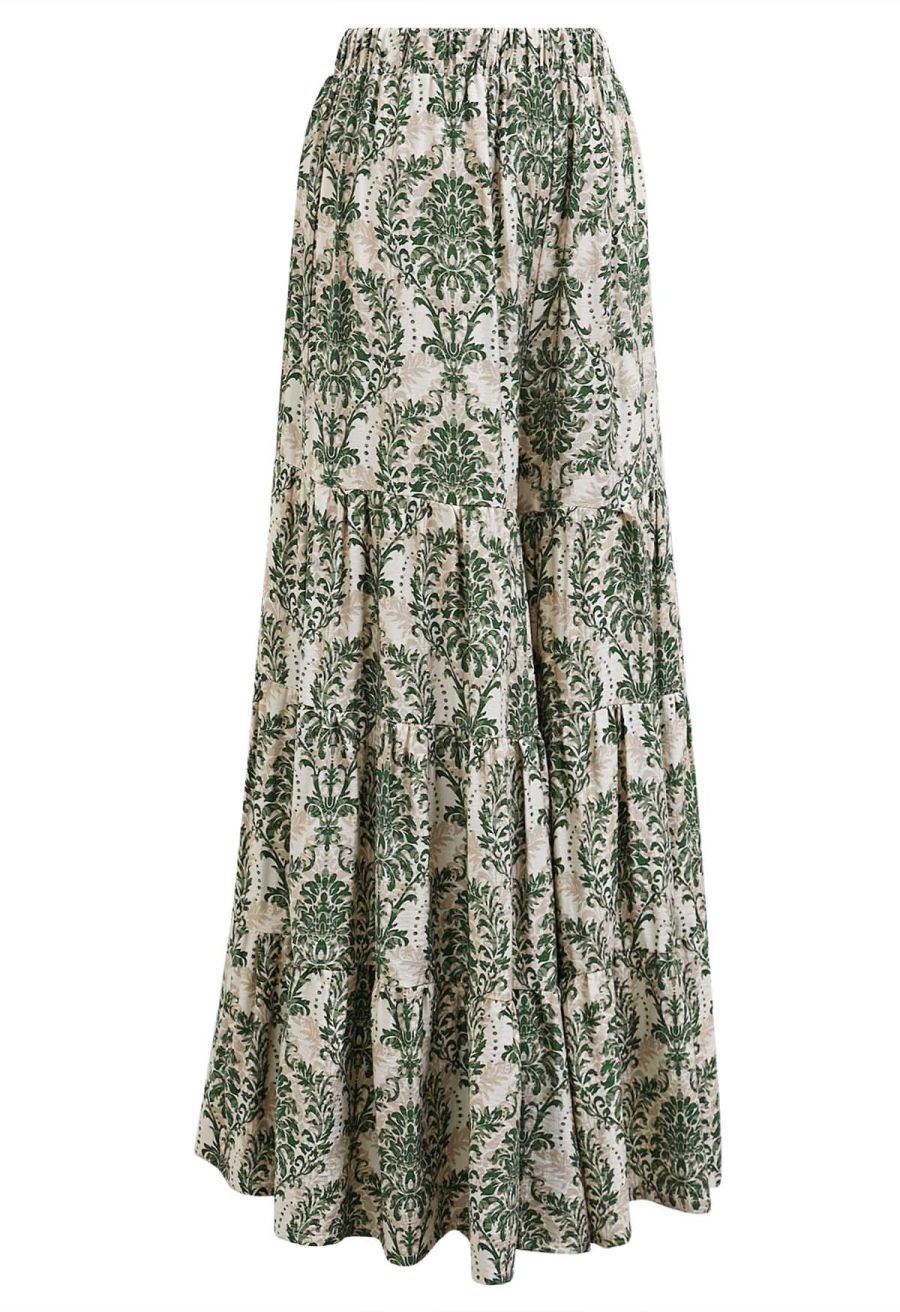 Sunny Days Wide-Leg Pants in Green Damask
