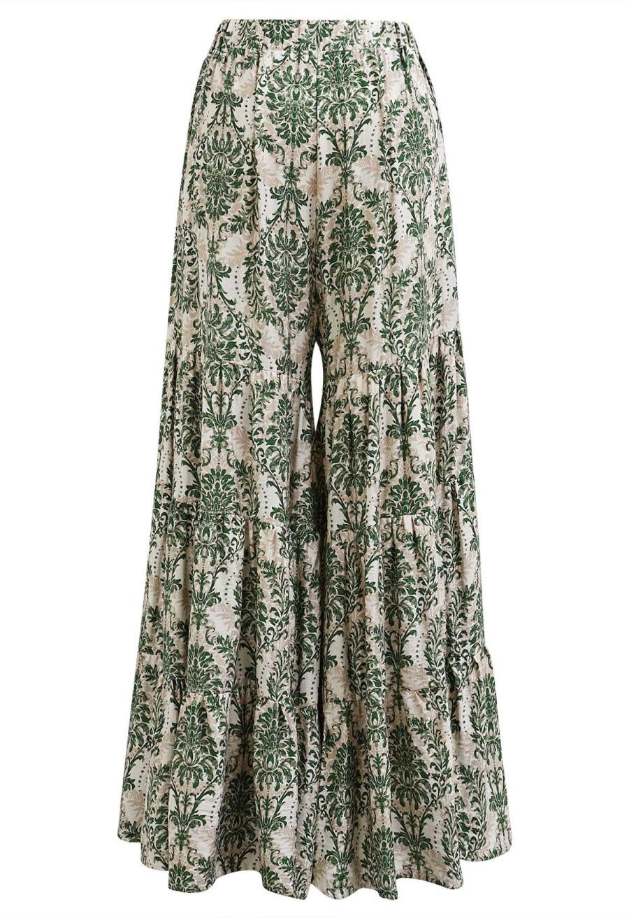 Sunny Days Wide-Leg Pants in Green Damask