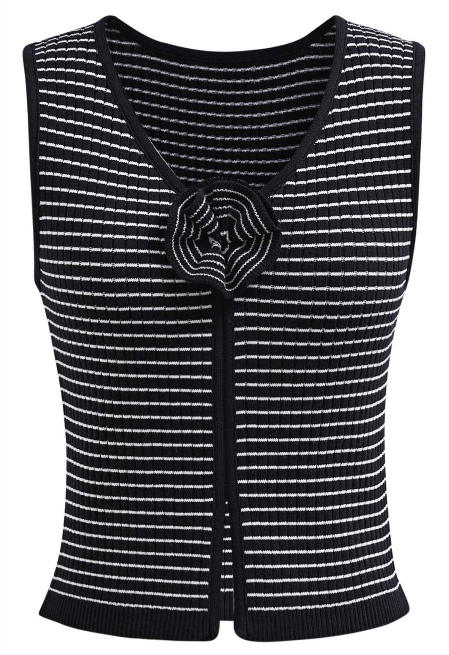 3D Floral Decor Ribbed Knit Tank Top in Black Stripe
