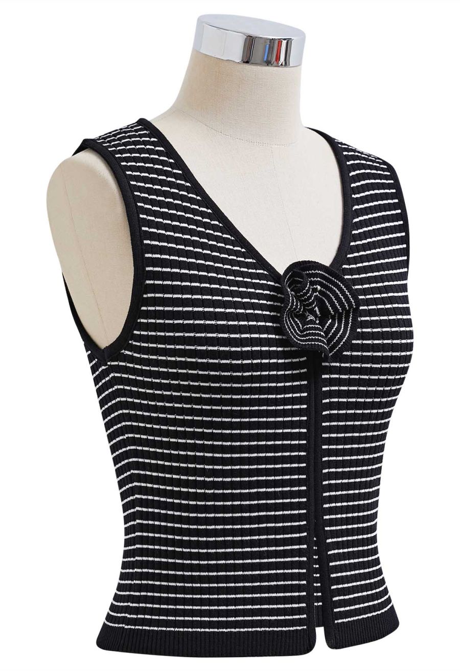 3D Floral Decor Ribbed Knit Tank Top in Black Stripe