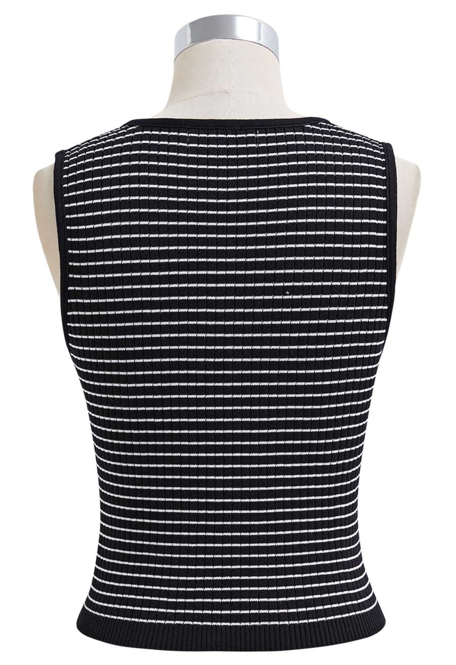 3D Floral Decor Ribbed Knit Tank Top in Black Stripe