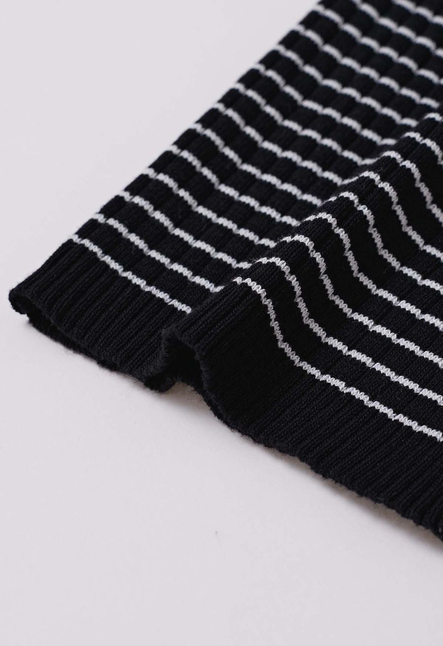 3D Floral Decor Ribbed Knit Tank Top in Black Stripe