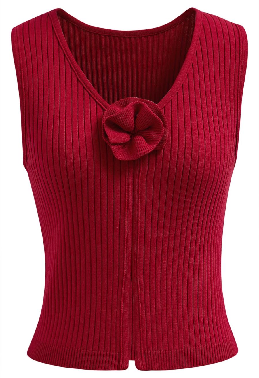 3D Floral Decor Ribbed Knit Tank Top in Red