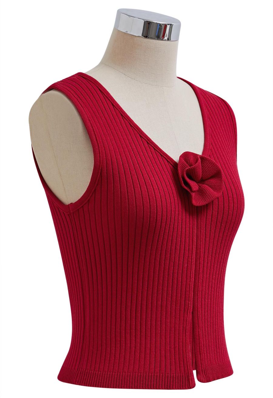 3D Floral Decor Ribbed Knit Tank Top in Red