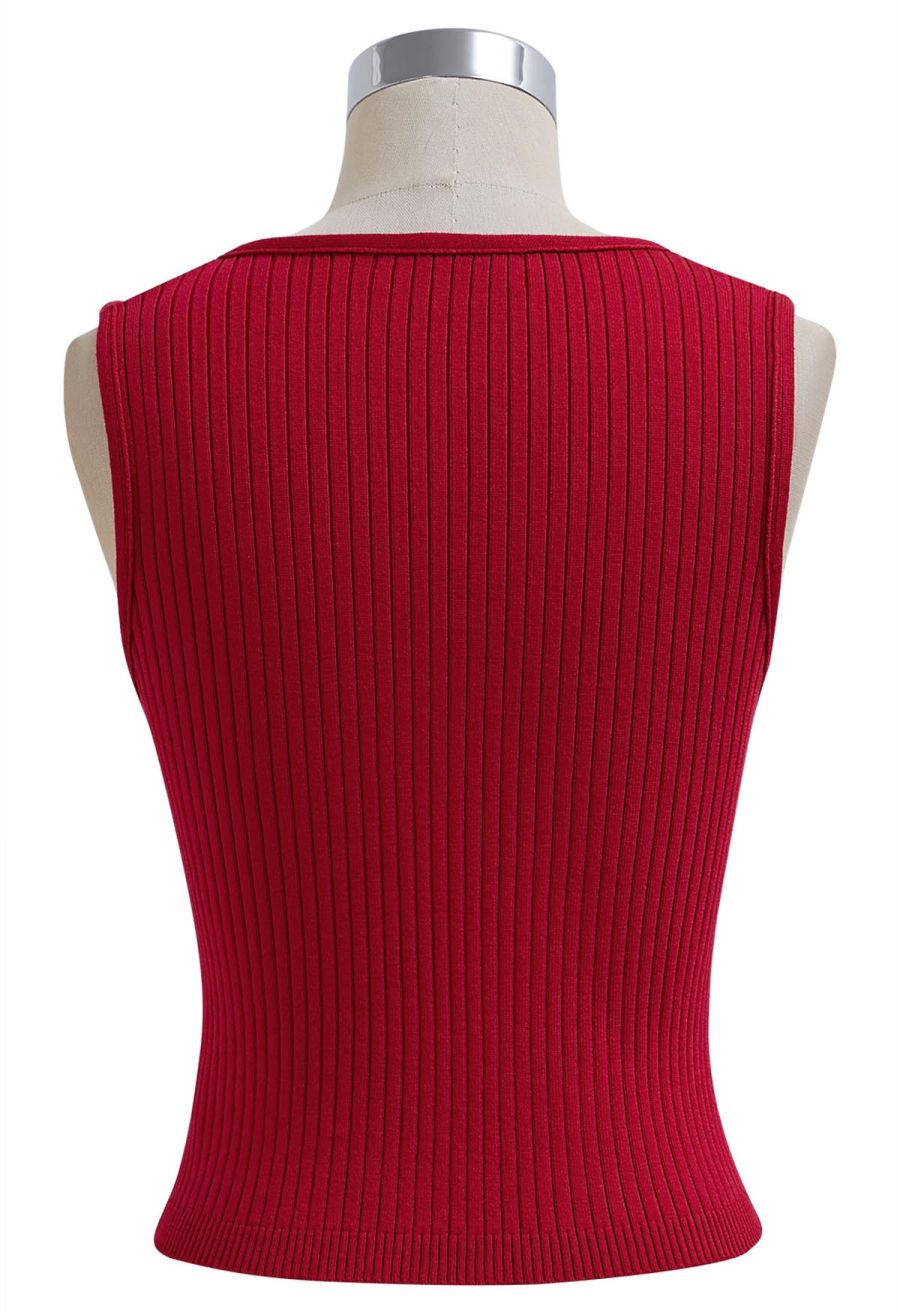 3D Floral Decor Ribbed Knit Tank Top in Red
