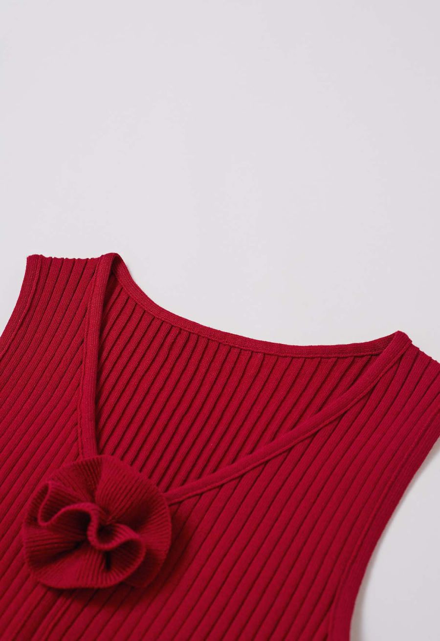 3D Floral Decor Ribbed Knit Tank Top in Red