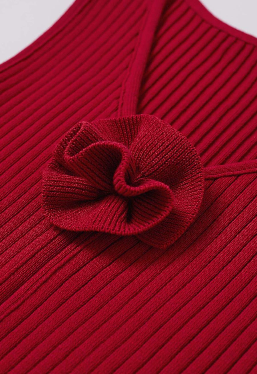 3D Floral Decor Ribbed Knit Tank Top in Red
