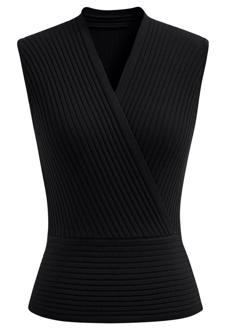 V-Neck Faux-Wrap Sleeveless Ribbed Knit Top in Black