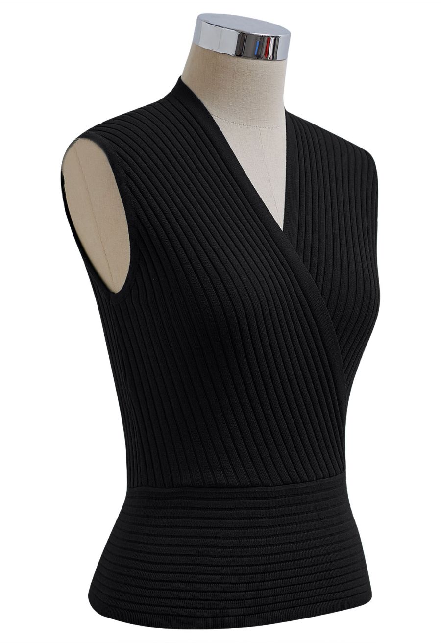 V-Neck Faux-Wrap Sleeveless Ribbed Knit Top in Black