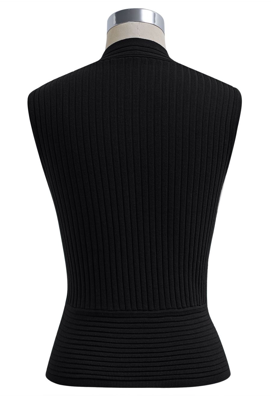 V-Neck Faux-Wrap Sleeveless Ribbed Knit Top in Black