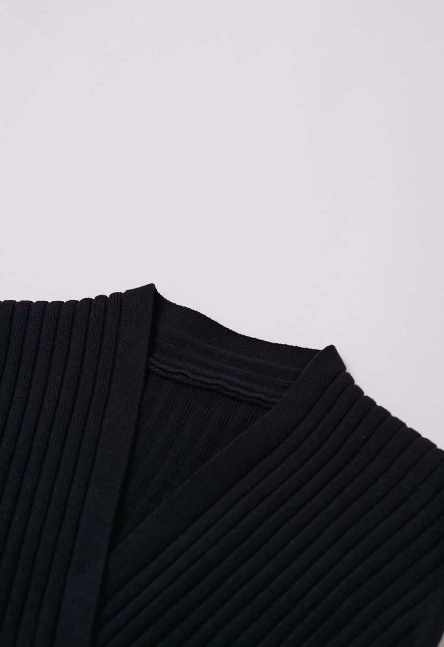V-Neck Faux-Wrap Sleeveless Ribbed Knit Top in Black