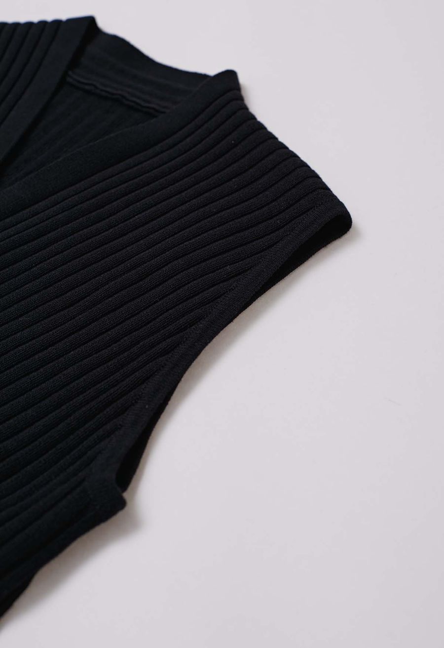 V-Neck Faux-Wrap Sleeveless Ribbed Knit Top in Black