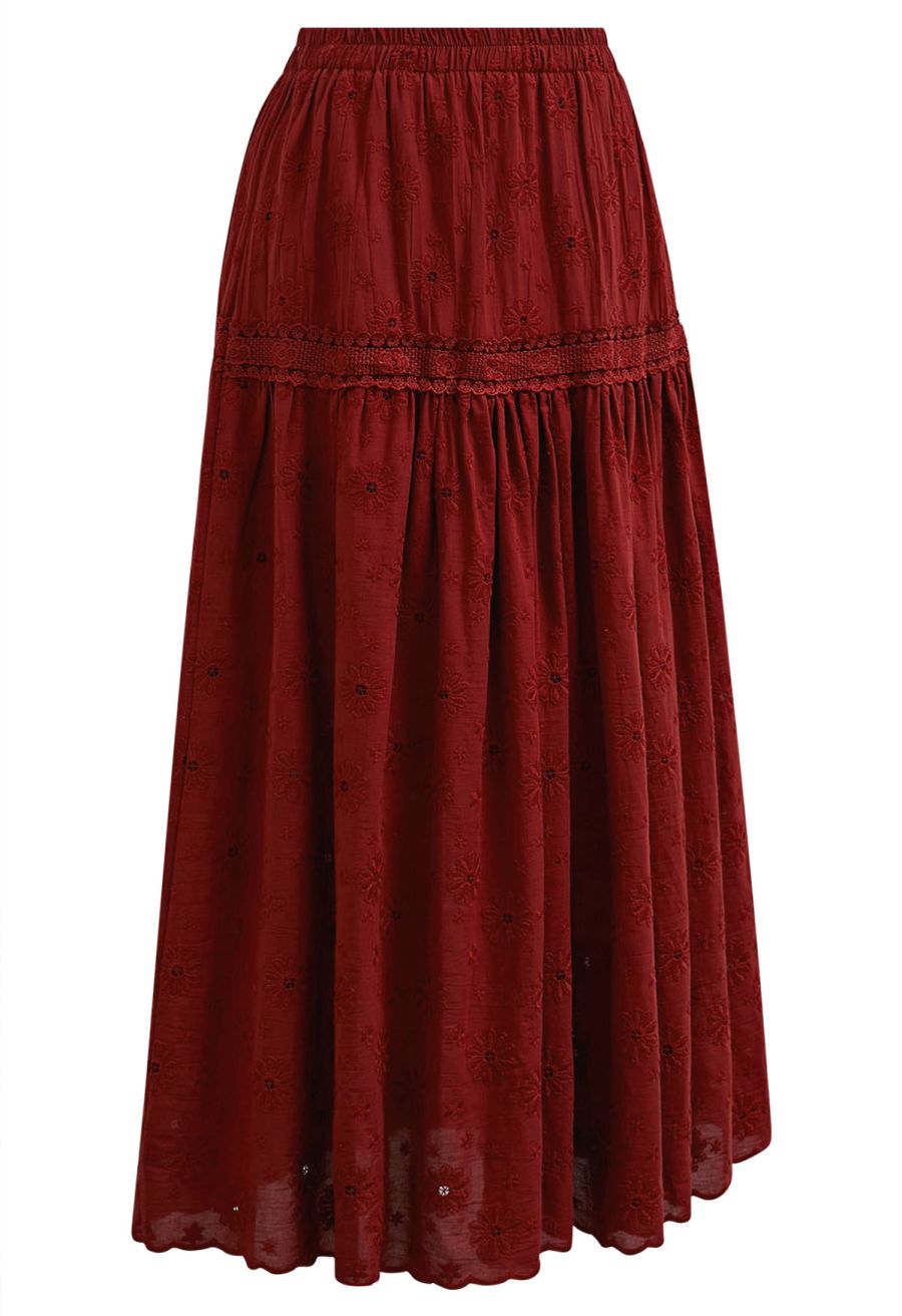 Daisy Era Embroidery Cotton Maxi Skirt in Red