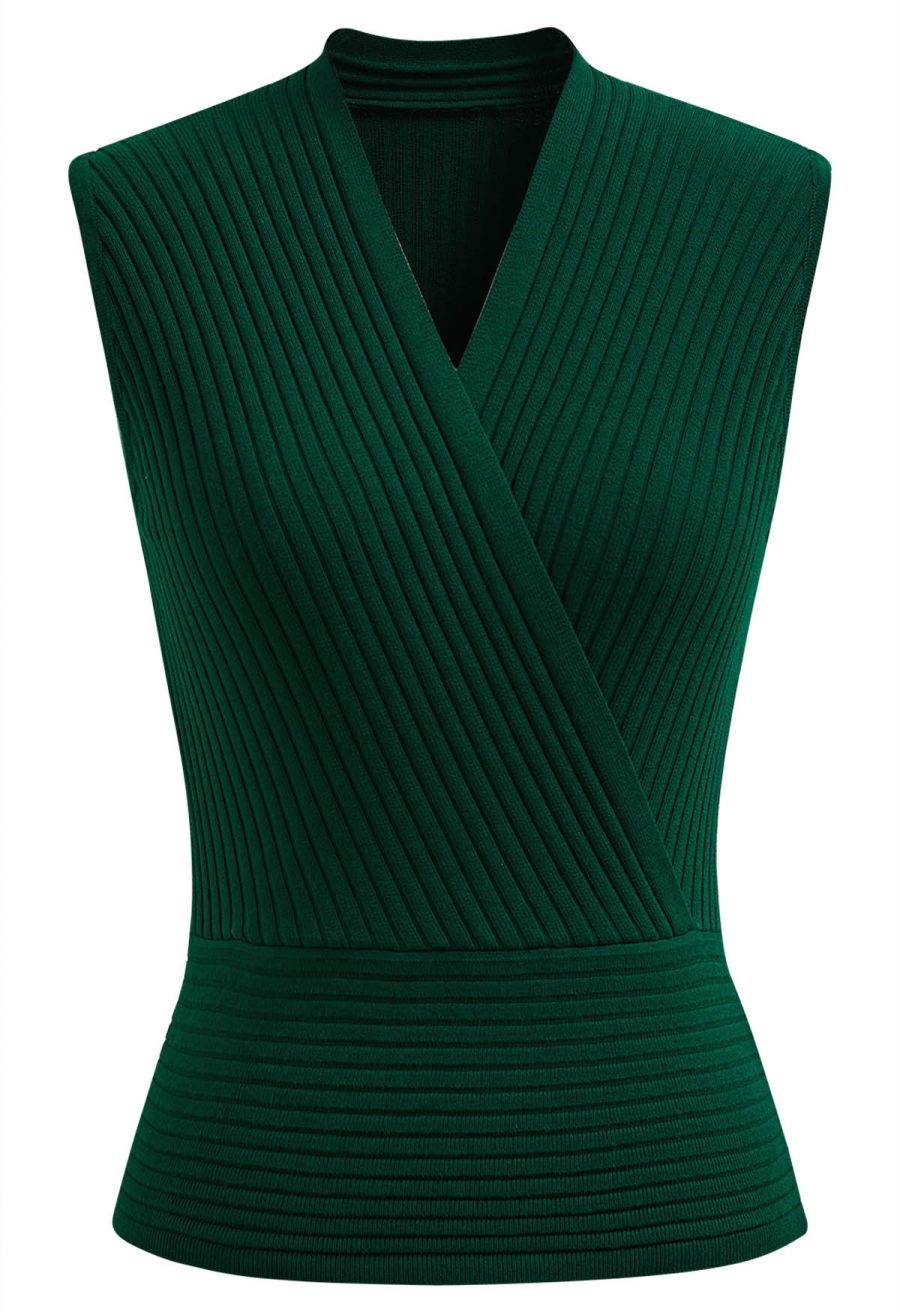 V-Neck Faux-Wrap Sleeveless Ribbed Knit Top in Dark Green