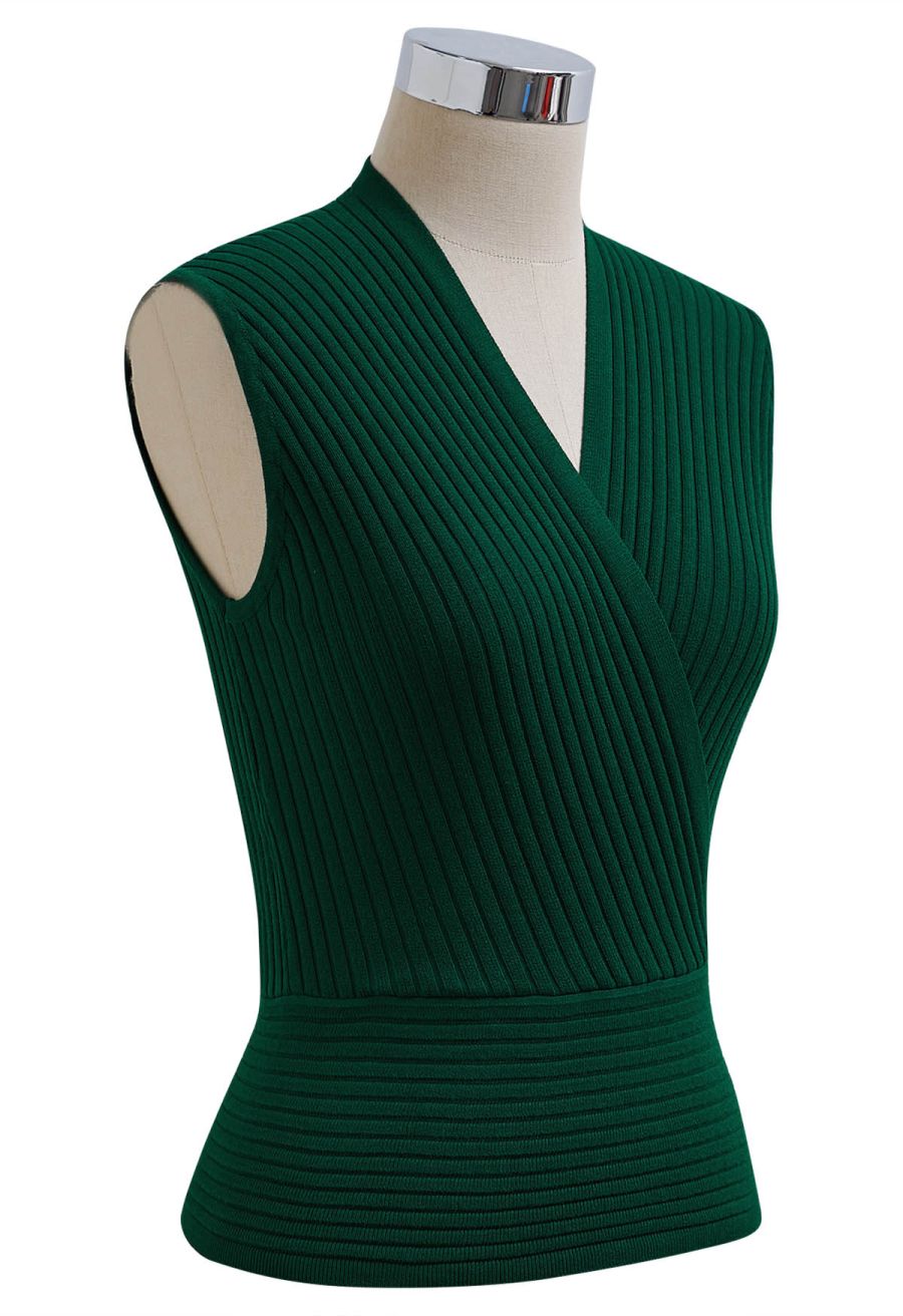 V-Neck Faux-Wrap Sleeveless Ribbed Knit Top in Dark Green