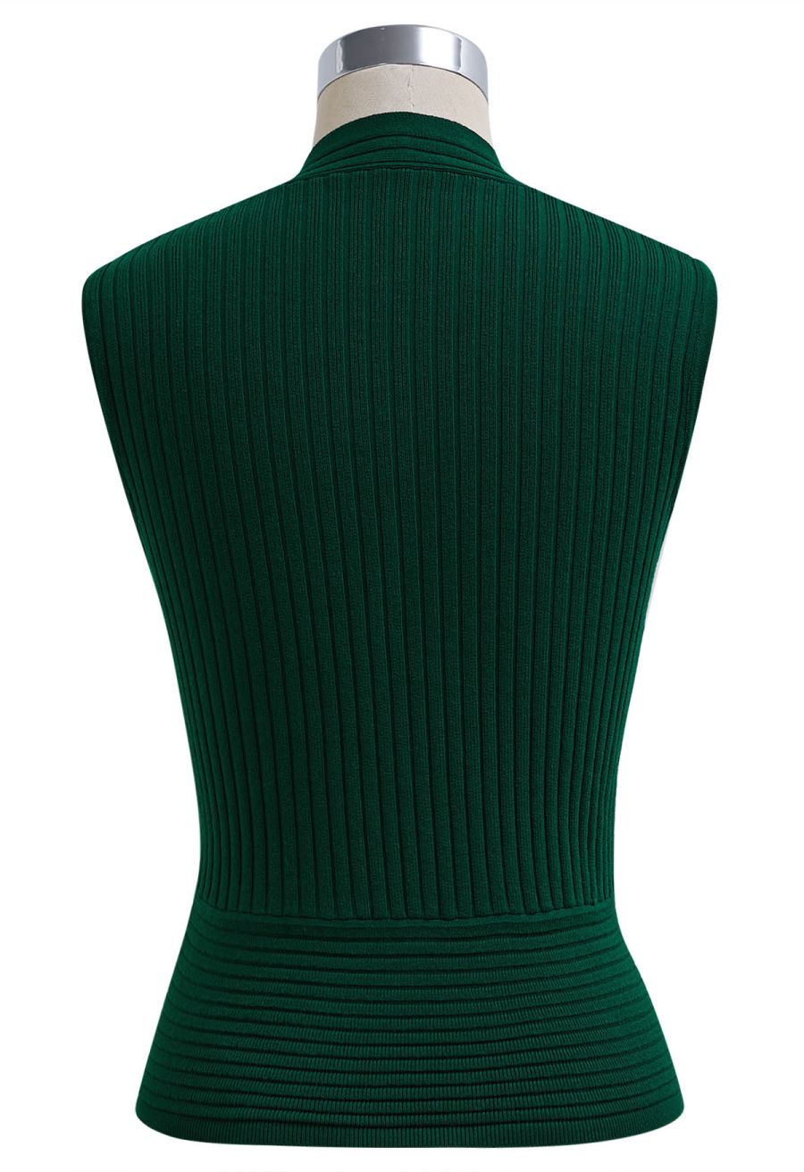 V-Neck Faux-Wrap Sleeveless Ribbed Knit Top in Dark Green