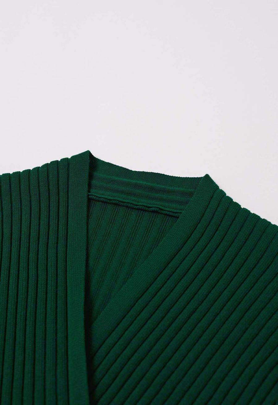 V-Neck Faux-Wrap Sleeveless Ribbed Knit Top in Dark Green