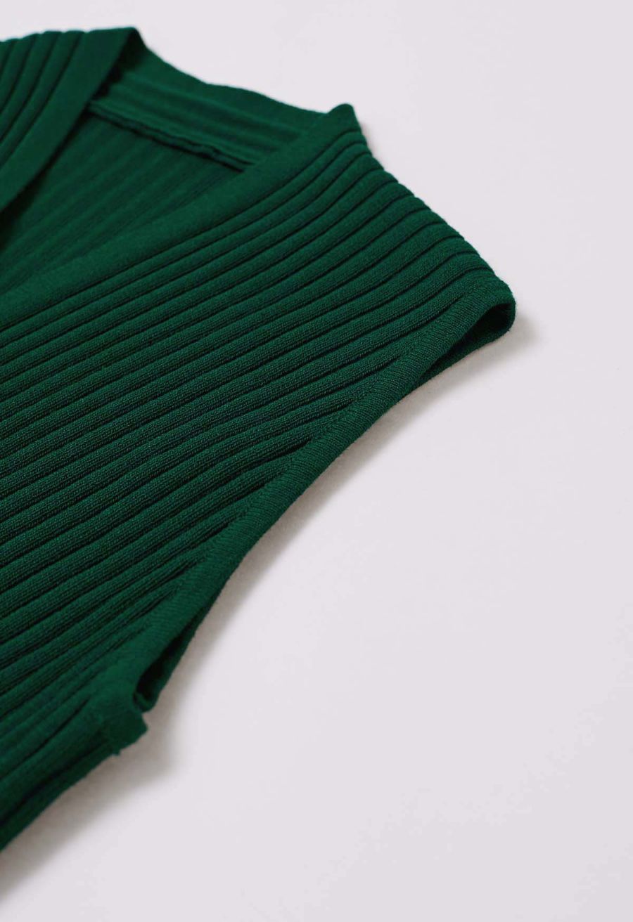 V-Neck Faux-Wrap Sleeveless Ribbed Knit Top in Dark Green