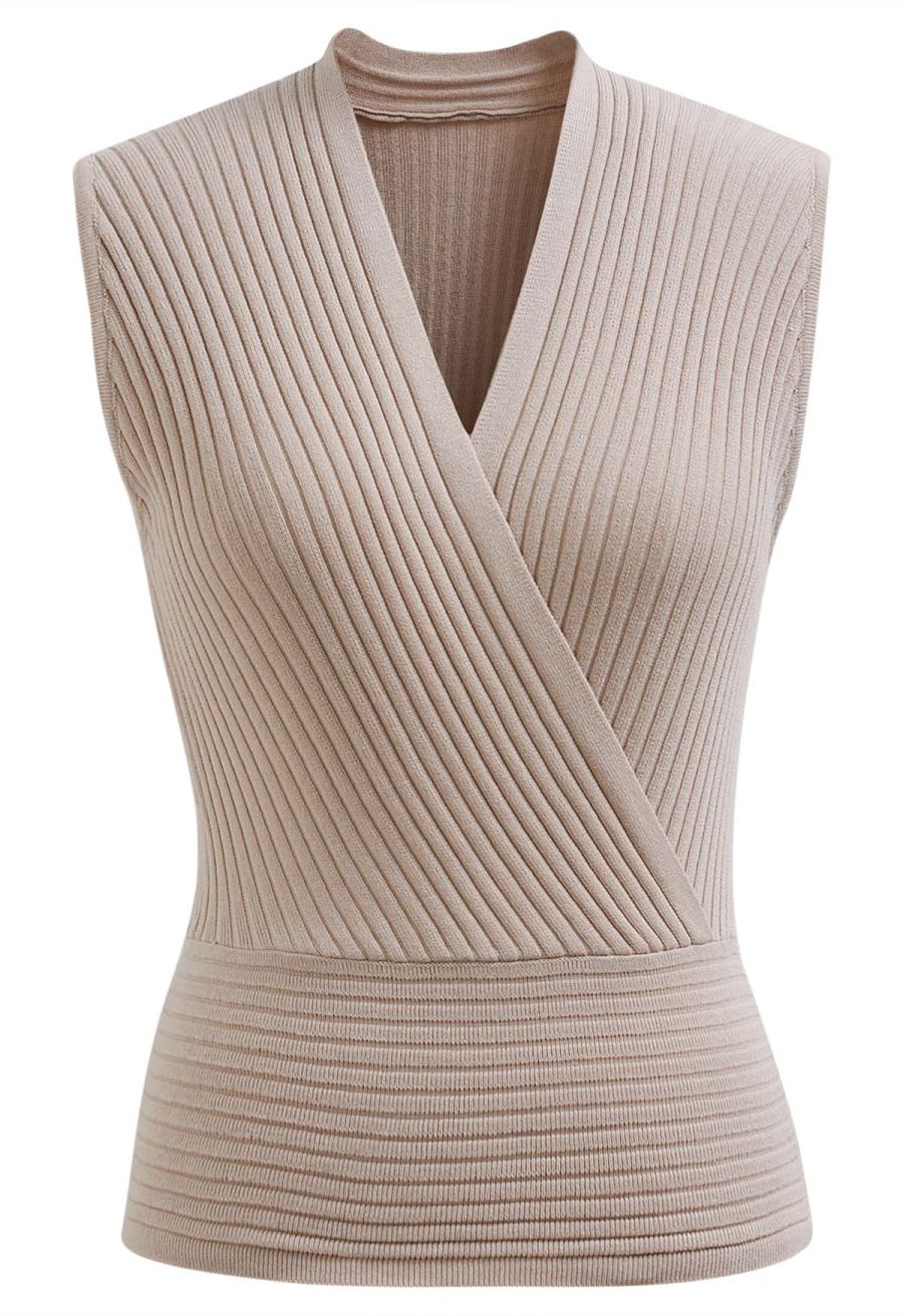 V-Neck Faux-Wrap Sleeveless Ribbed Knit Top in Oatmeal
