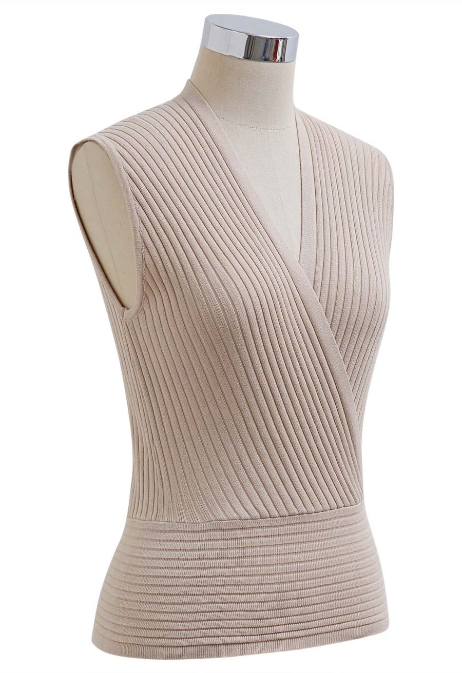 V-Neck Faux-Wrap Sleeveless Ribbed Knit Top in Oatmeal