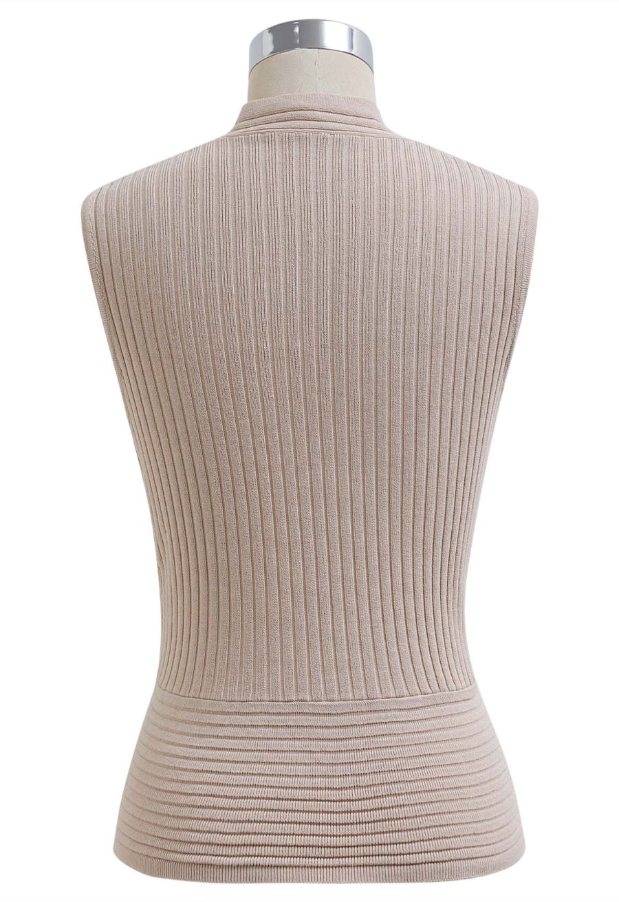 V-Neck Faux-Wrap Sleeveless Ribbed Knit Top in Oatmeal