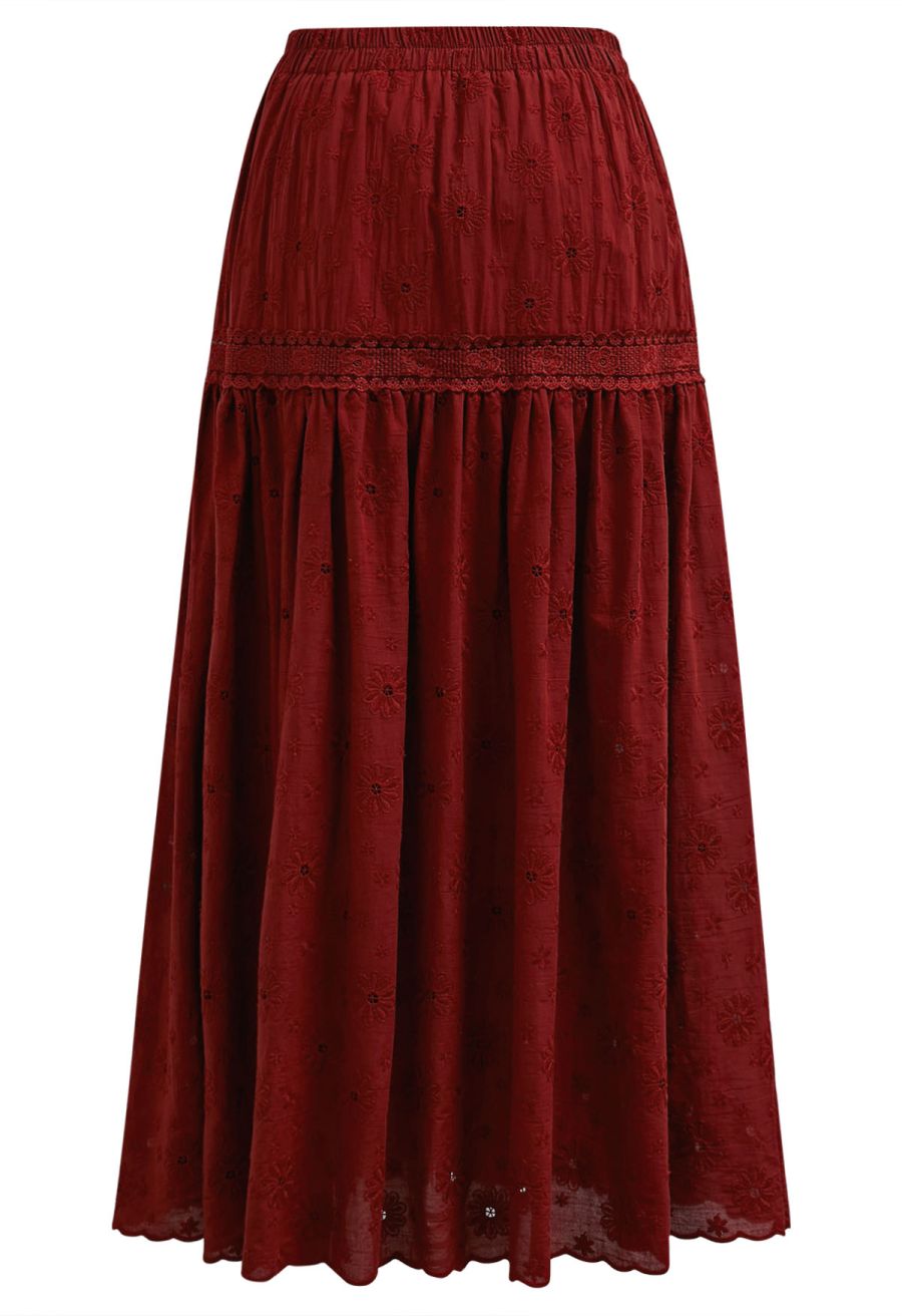 Daisy Era Embroidery Cotton Maxi Skirt in Red