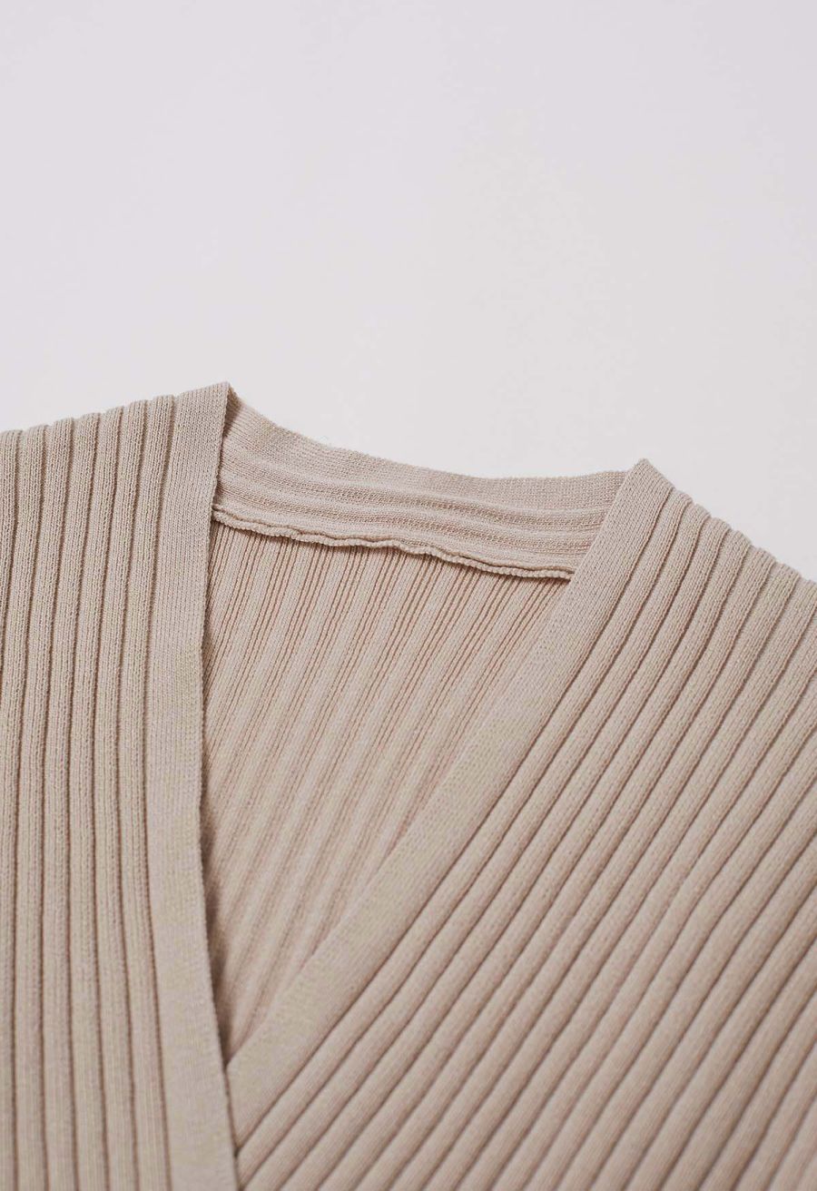V-Neck Faux-Wrap Sleeveless Ribbed Knit Top in Oatmeal