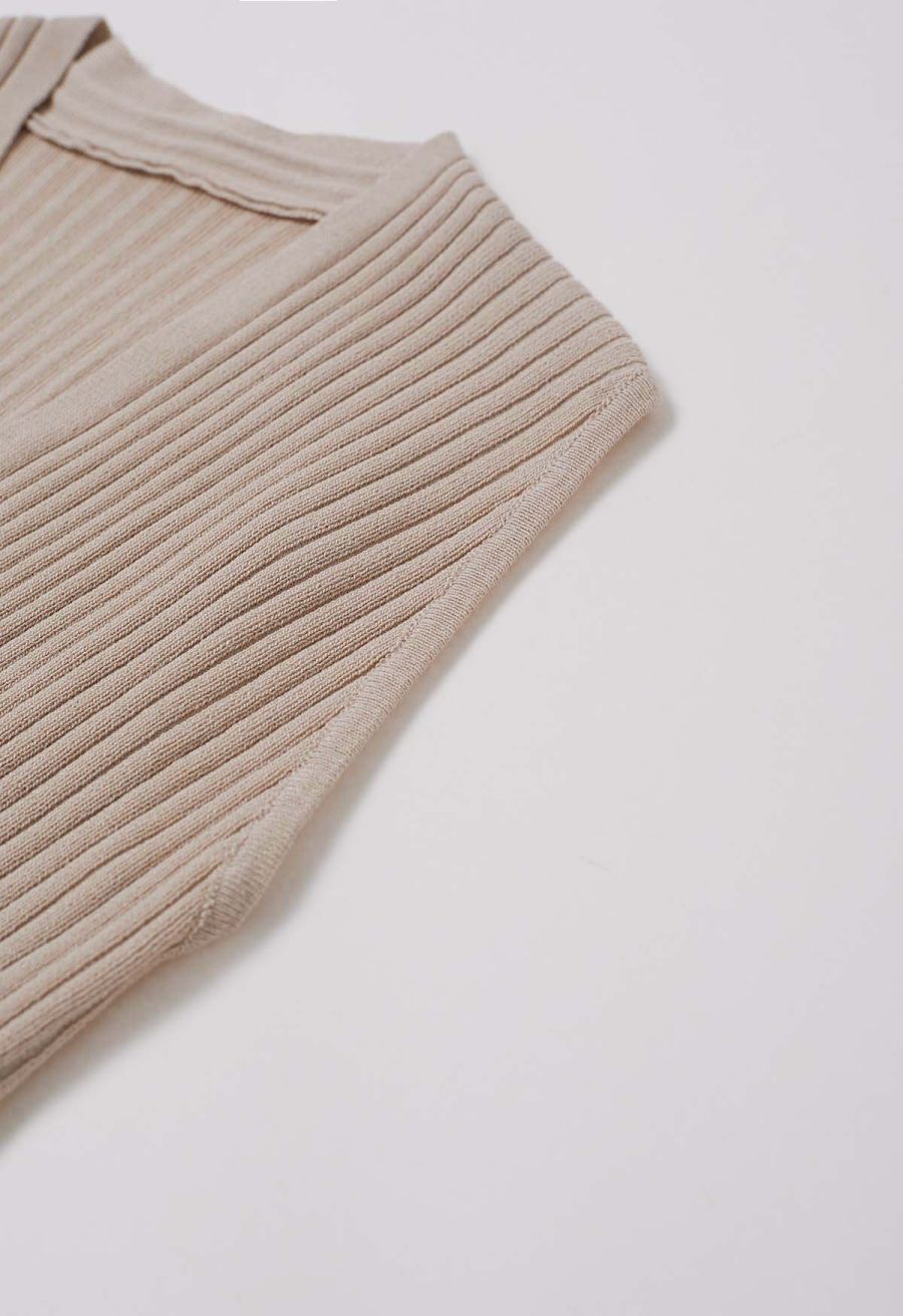 V-Neck Faux-Wrap Sleeveless Ribbed Knit Top in Oatmeal