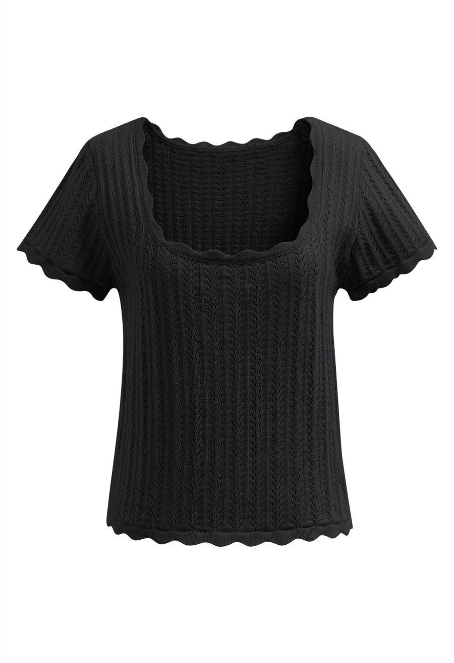 Scalloped Edge Pointelle Knit Top in Black