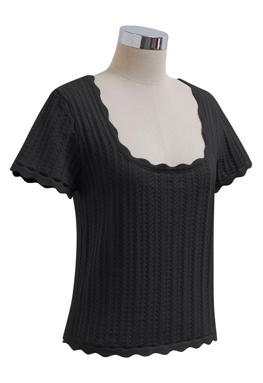 Scalloped Edge Pointelle Knit Top in Black