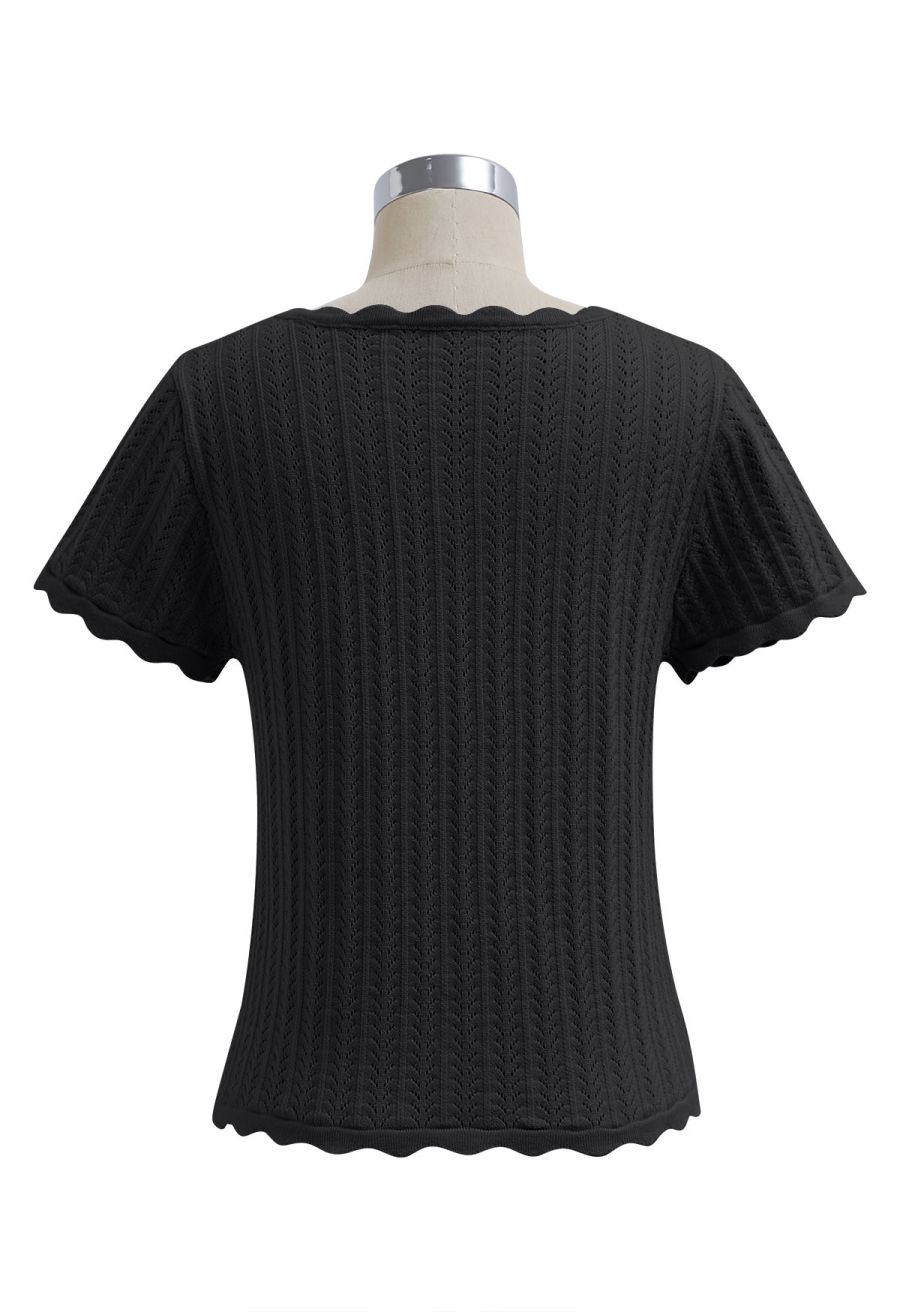 Scalloped Edge Pointelle Knit Top in Black