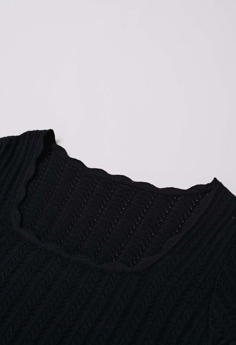 Scalloped Edge Pointelle Knit Top in Black