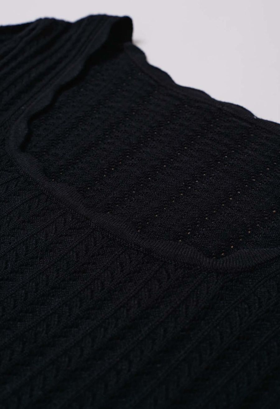 Scalloped Edge Pointelle Knit Top in Black
