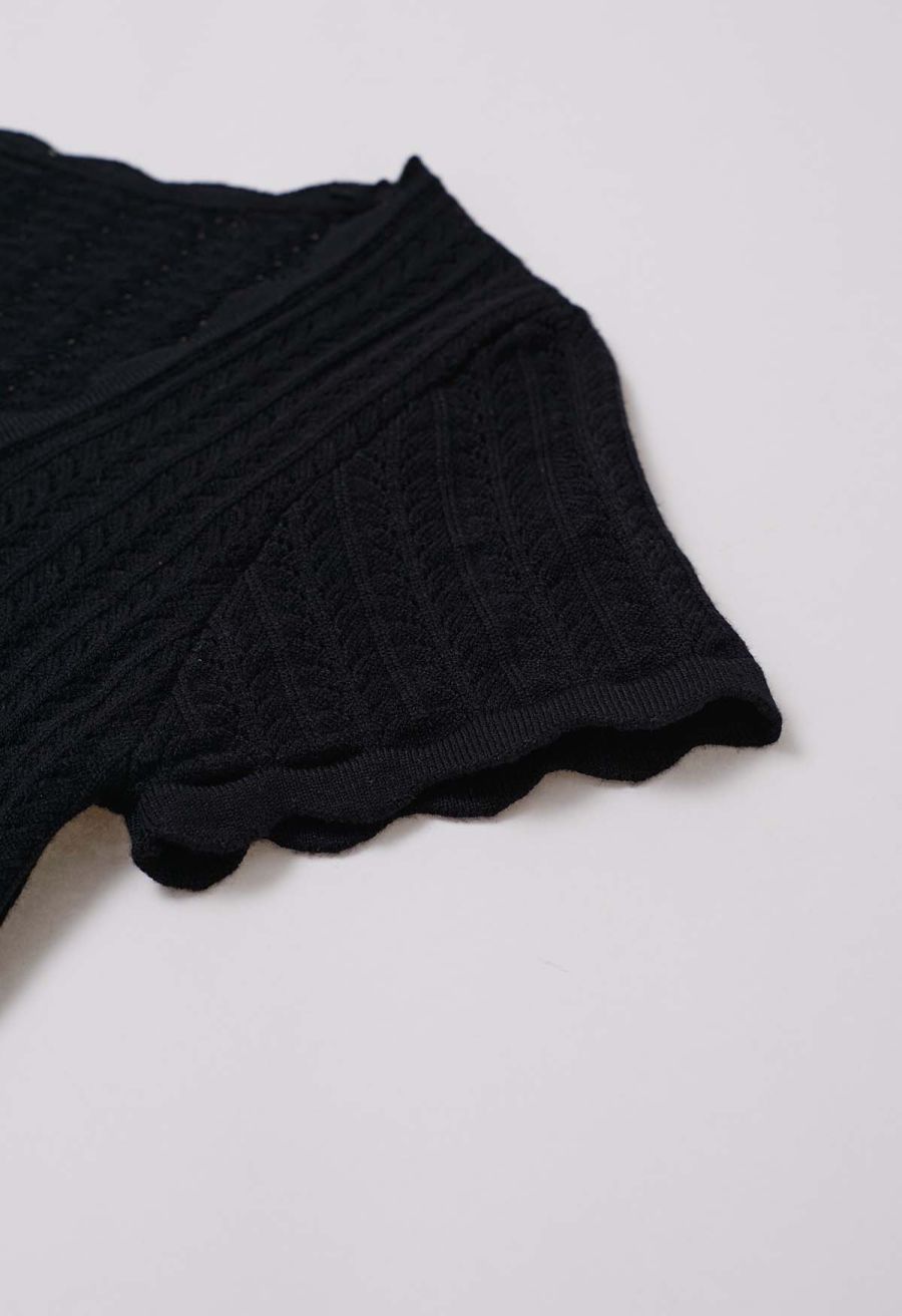 Scalloped Edge Pointelle Knit Top in Black