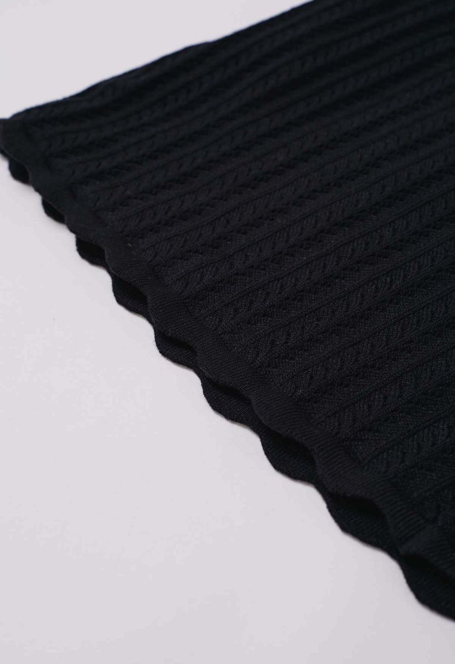 Scalloped Edge Pointelle Knit Top in Black