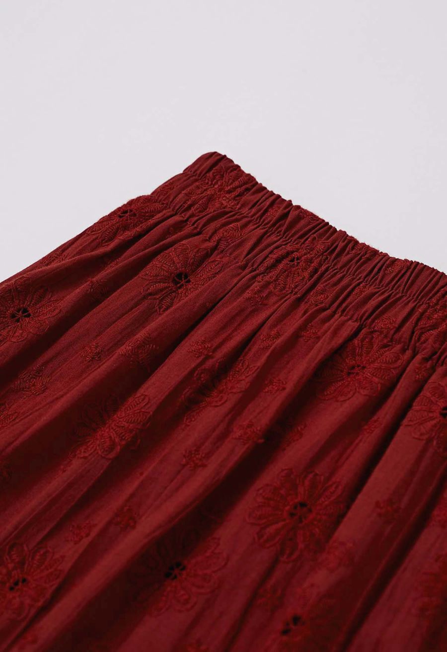 Daisy Era Embroidery Cotton Maxi Skirt in Red