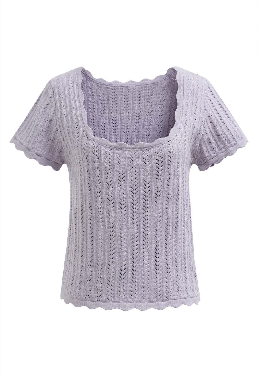 Scalloped Edge Pointelle Knit Top in Lilac