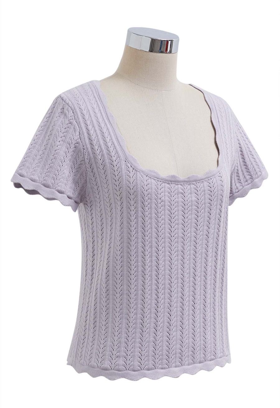 Scalloped Edge Pointelle Knit Top in Lilac