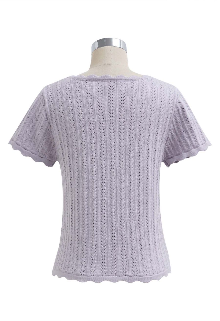 Scalloped Edge Pointelle Knit Top in Lilac