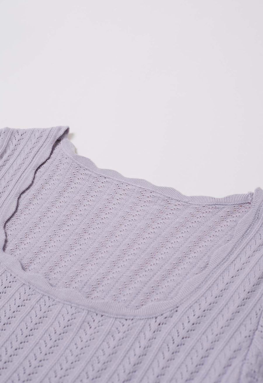 Scalloped Edge Pointelle Knit Top in Lilac